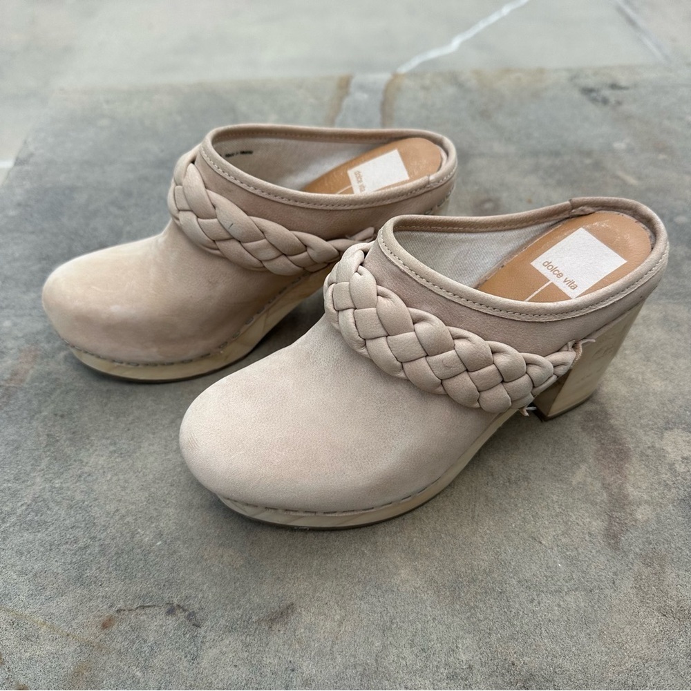 Dolce Vita Hila Braided Clogs Mules Platform Wood Heel Nude Leather Size 6 - Picture 3 of 10